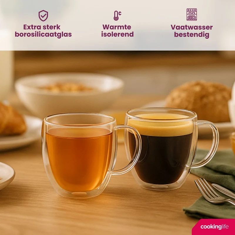 Cookinglife Doppelwandige Kaffee- / Teegläser mit Henkel 280 ml - 2 Stück