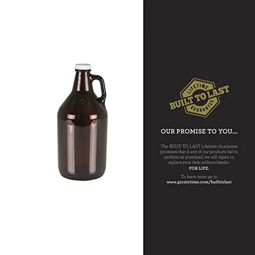 LEGACY - a Picnic Time brand, Amber Glass Growler Jug with Handle and Steel Twist Off Lid, 64-Ounce