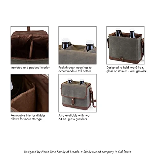 LEGACY - a Picnic Time brand Double Growler Insulated Tote, Khaki Green/Brown