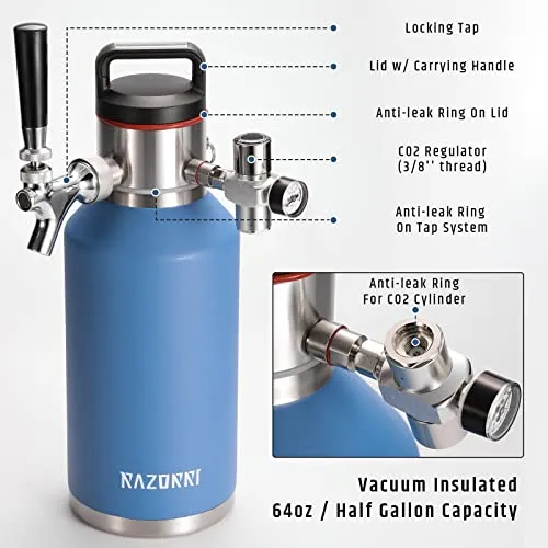 Razorri 64oz Stainless Steel Beer Growler, Double-Wall Vacuum Insulated Carbonated Keg with Professional Bar Tap and Pressurized CO2 Regulator, 0.5 Gallon, Ocean Blue
