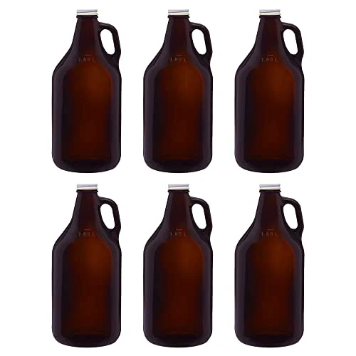 6 Amber Glass Beer Growlers Set, 64 oz. - Screw on Lid, Sturdy, Barware - Amber
