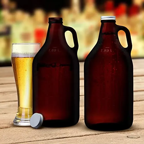 6 Amber Glass Beer Growlers Set, 64 oz. - Screw on Lid, Sturdy, Barware - Amber