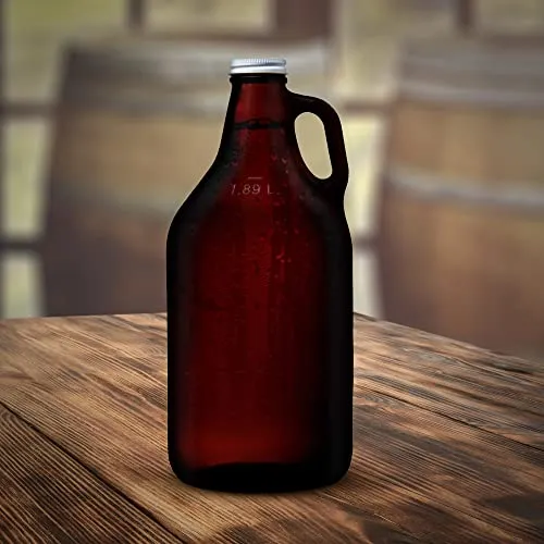 6 Amber Glass Beer Growlers Set, 64 oz. - Screw on Lid, Sturdy, Barware - Amber