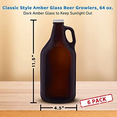 6 Amber Glass Beer Growlers Set, 64 oz. - Screw on Lid, Sturdy, Barware - Amber