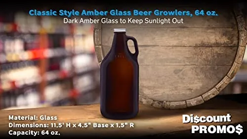 6 Amber Glass Beer Growlers Set, 64 oz. - Screw on Lid, Sturdy, Barware - Amber