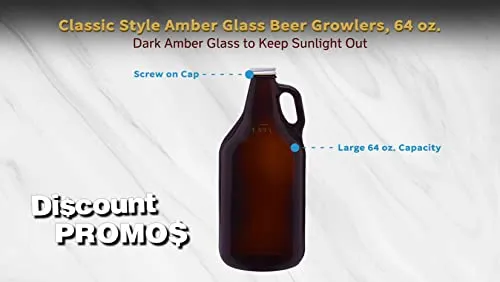 6 Amber Glass Beer Growlers Set, 64 oz. - Screw on Lid, Sturdy, Barware - Amber