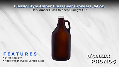 6 Amber Glass Beer Growlers Set, 64 oz. - Screw on Lid, Sturdy, Barware - Amber