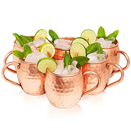 Kitchen Science Moscow Mule Copper Mugs Set of 6 (16oz) | Food Grade 100% Pure Copper Cups | Handcrafted w/ Lacquered Hammered Finish, Smooth Rounded Lip, Ergonomic Handle (No Rivet) w/ Solid Grip