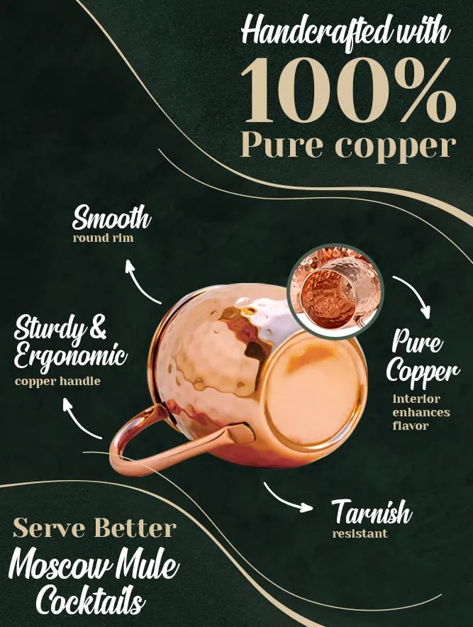 Kitchen Science Moscow Mule Copper Mugs Set of 6 (16oz) | Food Grade 100% Pure Copper Cups | Handcrafted w/ Lacquered Hammered Finish, Smooth Rounded Lip, Ergonomic Handle (No Rivet) w/ Solid Grip