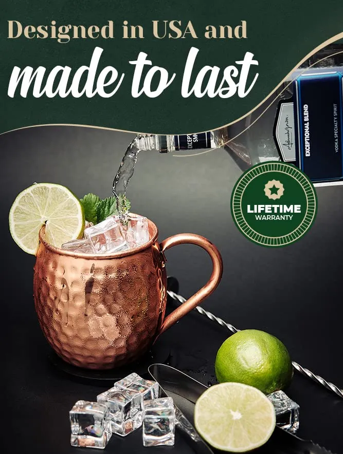 Kitchen Science Moscow Mule Copper Mugs Set of 6 (16oz) | Food Grade 100% Pure Copper Cups | Handcrafted w/ Lacquered Hammered Finish, Smooth Rounded Lip, Ergonomic Handle (No Rivet) w/ Solid Grip