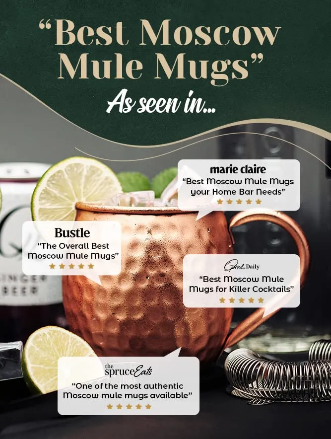 Kitchen Science Moscow Mule Copper Mugs Set of 6 (16oz) | Food Grade 100% Pure Copper Cups | Handcrafted w/ Lacquered Hammered Finish, Smooth Rounded Lip, Ergonomic Handle (No Rivet) w/ Solid Grip