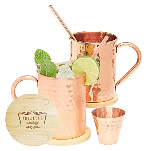 [Gift Set] Advanced Mixology Moscow Mule Mugs Set of 2 (16oz) | 100% Copper Mugs Set w/ 2 Straws, 2 Wooden Coasters & 1 Shot Glass | Tarnish-Resistant Food Grade Lacquer Coat