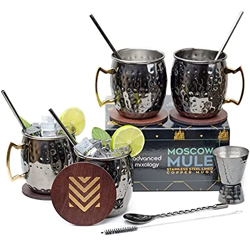 [Gift Set] Advanced Mixology Black Moscow Mule Mugs (18oz) | Black Mule Mug w/ Gunmetal Finish | Comes w/ Straws, Coasters, Jigger, Spoon & Brush | Black Tin Mugs (1 - Set of 4)