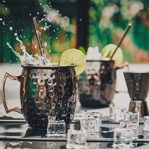 [Gift Set] Advanced Mixology Black Moscow Mule Mugs (18oz) | Black Mule Mug w/ Gunmetal Finish | Comes w/ Straws, Coasters, Jigger, Spoon & Brush | Black Tin Mugs (1 - Set of 4)