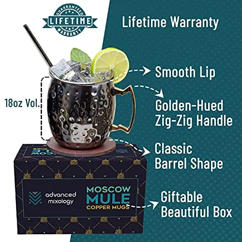 [Gift Set] Advanced Mixology Black Moscow Mule Mugs (18oz) | Black Mule Mug w/ Gunmetal Finish | Comes w/ Straws, Coasters, Jigger, Spoon & Brush | Black Tin Mugs (1 - Set of 4)