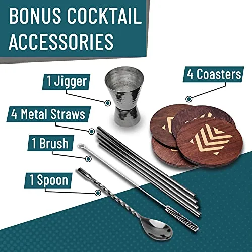 [Gift Set] Advanced Mixology Black Moscow Mule Mugs (18oz) | Black Mule Mug w/ Gunmetal Finish | Comes w/ Straws, Coasters, Jigger, Spoon & Brush | Black Tin Mugs (1 - Set of 4)