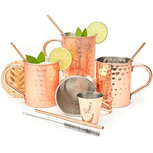[Gift Set] Advanced Mixology Moscow Mule Mugs Set of 4 (16 oz.) | Stainless Steel Lined Copper Mugs w/ 4 Artisan Hand Crafted Wooden Coasters, 4 Straws, Shot Glass and Cleaning Brush