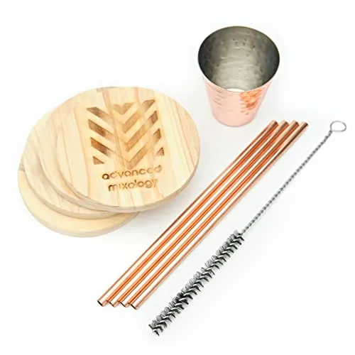 [Gift Set] Advanced Mixology Moscow Mule Mugs Set of 4 (16 oz.) | Stainless Steel Lined Copper Mugs w/ 4 Artisan Hand Crafted Wooden Coasters, 4 Straws, Shot Glass and Cleaning Brush