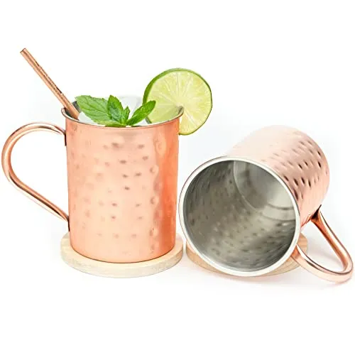 [Gift Set] Advanced Mixology Moscow Mule Mugs Set of 4 (16 oz.) | Stainless Steel Lined Copper Mugs w/ 4 Artisan Hand Crafted Wooden Coasters, 4 Straws, Shot Glass and Cleaning Brush