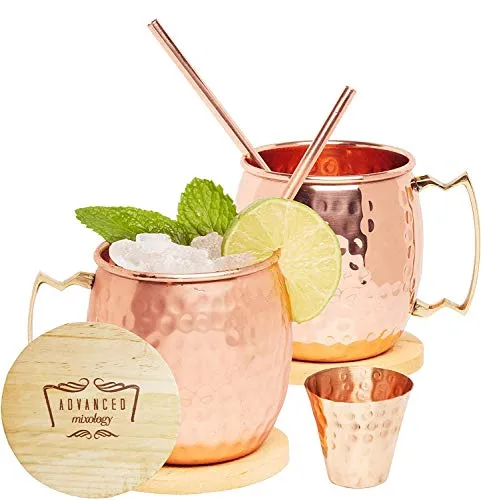 Advanced Mixology [Gift Set] Authentic Moscow Mule Mugs Set of 2 (16oz) | Solid Barrel 100% Copper Mugs Set w/ 2 Straws, 2 Wooden Coasters & 1 Shot Glass | Tarnish-Resistant Food Grade Lacquer Coat