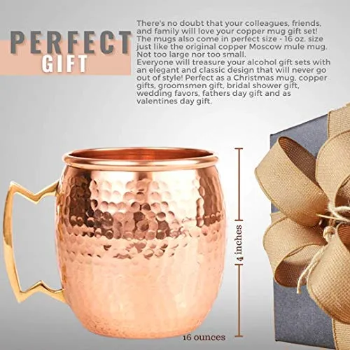 Advanced Mixology [Gift Set] Authentic Moscow Mule Mugs Set of 2 (16oz) | Solid Barrel 100% Copper Mugs Set w/ 2 Straws, 2 Wooden Coasters & 1 Shot Glass | Tarnish-Resistant Food Grade Lacquer Coat