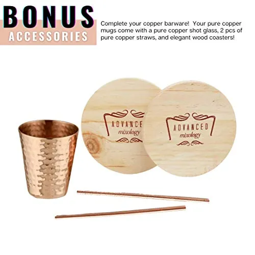 Advanced Mixology [Gift Set] Authentic Moscow Mule Mugs Set of 2 (16oz) | Solid Barrel 100% Copper Mugs Set w/ 2 Straws, 2 Wooden Coasters & 1 Shot Glass | Tarnish-Resistant Food Grade Lacquer Coat