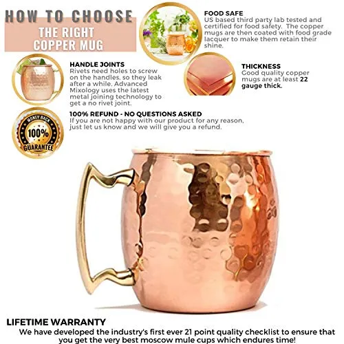 Advanced Mixology [Gift Set] Authentic Moscow Mule Mugs Set of 2 (16oz) | Solid Barrel 100% Copper Mugs Set w/ 2 Straws, 2 Wooden Coasters & 1 Shot Glass | Tarnish-Resistant Food Grade Lacquer Coat