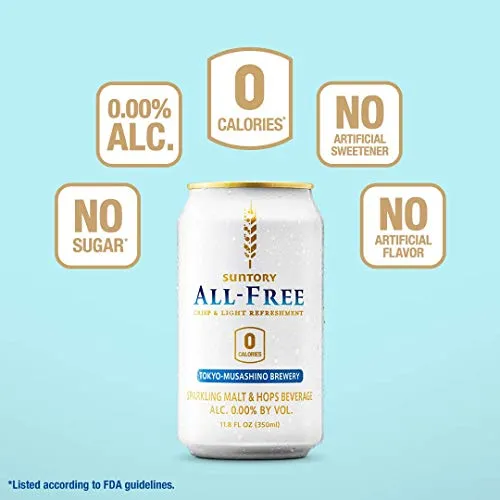 Suntory ALL-FREE, Beer-Alternative, Non Alcohol, 6-pack, Ultra-Light, Ultra-Crisp, Ultra-Refreshing, 0.00% Alc. and 0 Calories from Japan,11.8 Fl Oz (Pack of 6)