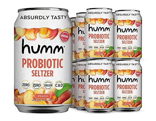 Humm Sparking Probiotic Peach Seltzer - Zero Sugar, Zero Calorie, 2 Billion Probiotics - Vitamin C,D, and B12 - 12 fl oz (12 Pack)