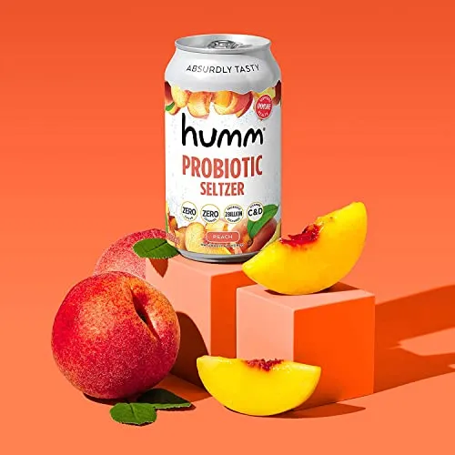Humm Sparking Probiotic Peach Seltzer - Zero Sugar, Zero Calorie, 2 Billion Probiotics - Vitamin C,D, and B12 - 12 fl oz (12 Pack)