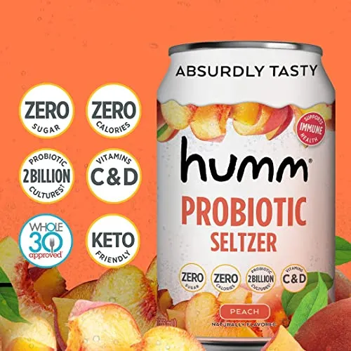 Humm Sparking Probiotic Peach Seltzer - Zero Sugar, Zero Calorie, 2 Billion Probiotics - Vitamin C,D, and B12 - 12 fl oz (12 Pack)