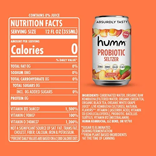 Humm Sparking Probiotic Peach Seltzer - Zero Sugar, Zero Calorie, 2 Billion Probiotics - Vitamin C,D, and B12 - 12 fl oz (12 Pack)