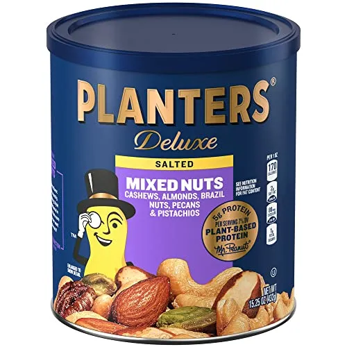 PLANTERS Deluxe Mixed Nuts with Hazelnuts, 15.25 oz. Resealable Canister - Cashews, Almonds, Hazelnuts, Pistachios & Pecans Roasted in Peanut Oil with Sea Salt - Kosher Savory Snack
