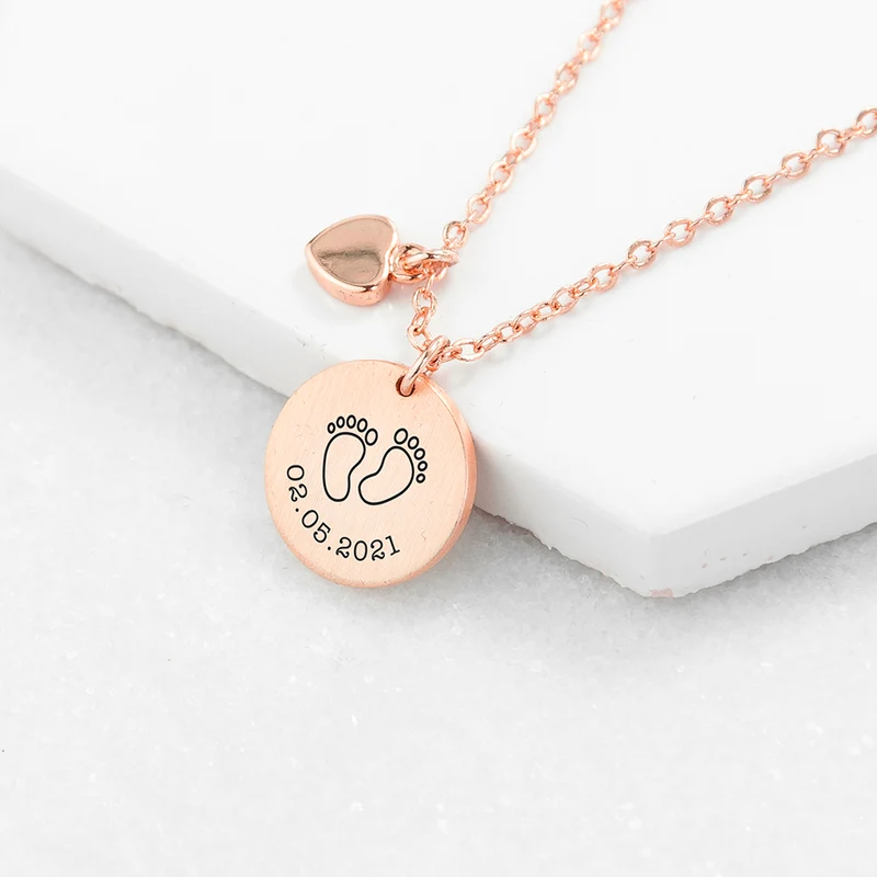 Personalised Personalised Baby Feet Matte Heart & Disc Necklace