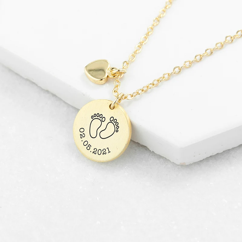 Personalised Personalised Baby Feet Matte Heart & Disc Necklace