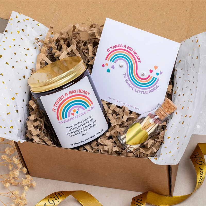 Teacher Gift Box with Heart Earrings & Personalised Rainbow Candle