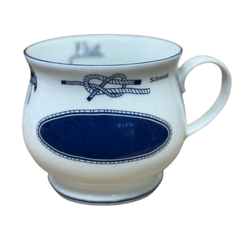 Porzellan - Namensbecher mit Wunschnamen, Kapitäns - Design mit Knoten, jeder Name ist möglich, bauchiger Gravurbecher