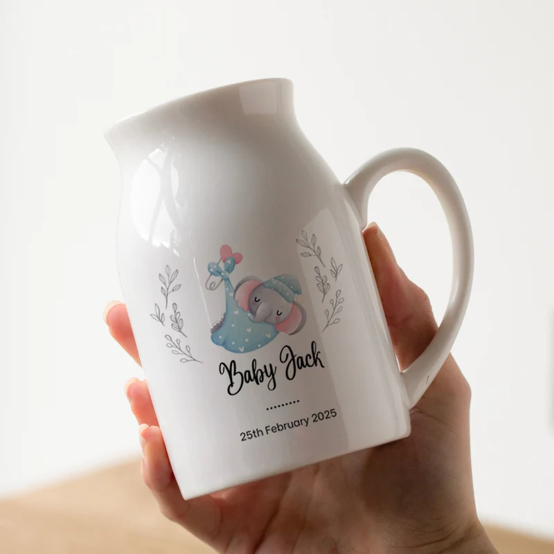 Personalised Baby Keepsake Jug Vase – Elephant Design