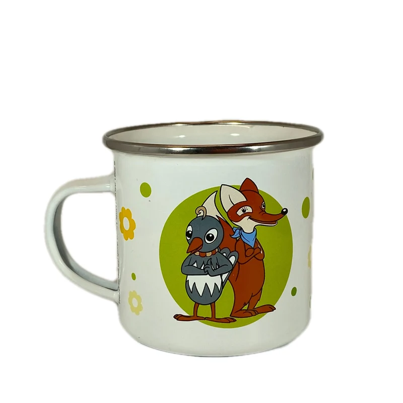 Emaillebecher „Fuchs und Elster“, Metallbecher, emailliert
