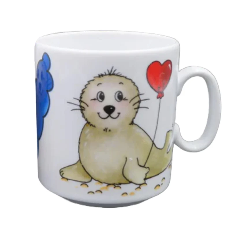 Tasse, Porzellan, „Robbe Herzluftballon“ mit Wunschnamen - Jeder Name ist möglich!