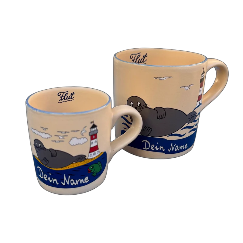Kindertasse, Keramik, „Robbe“ groß mit Wunschnamen - Jeder Name ist möglich!