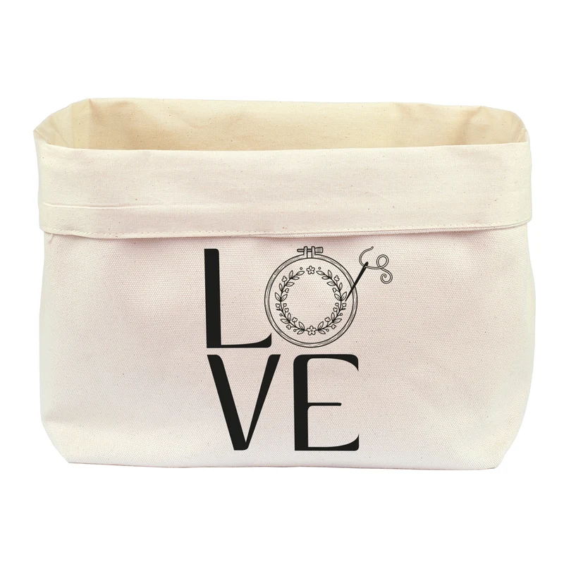 Stoffkorb für Stickzubehör 'LOVE' Motiv als Geschenk | Stickkorb aus Baumwolle für Garn & Handarbeit