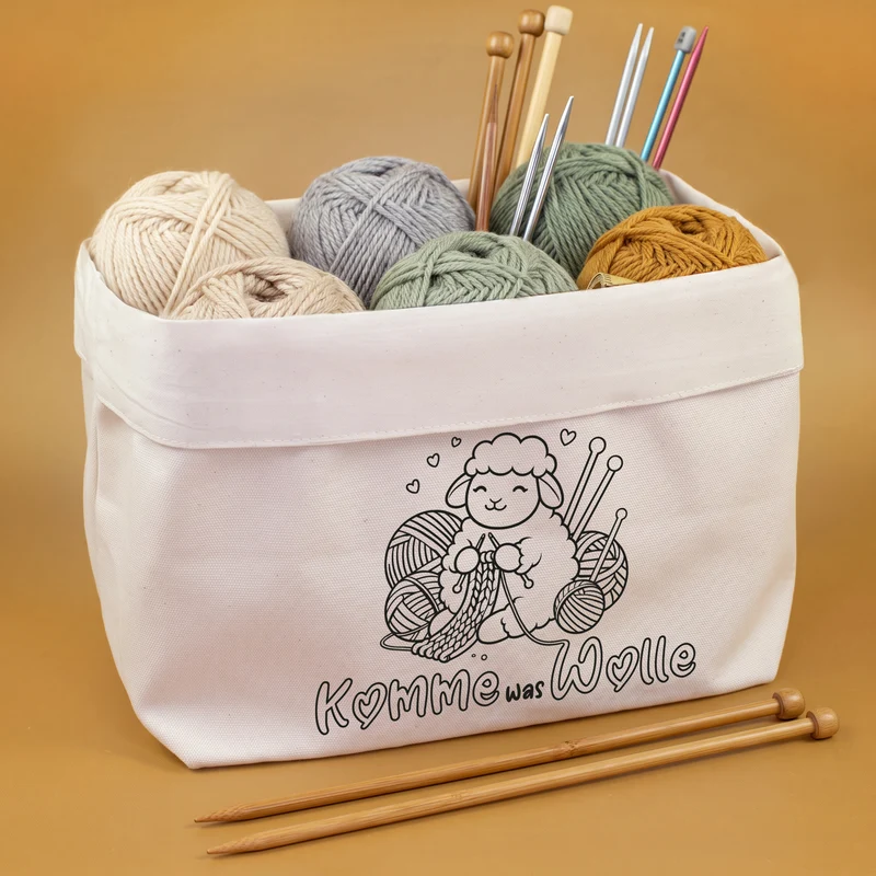 Stoffkorb für Wolle & Handarbeitszubehör 'Komme was Wolle' | Strickkorb mit lustigem Schaf Motiv
