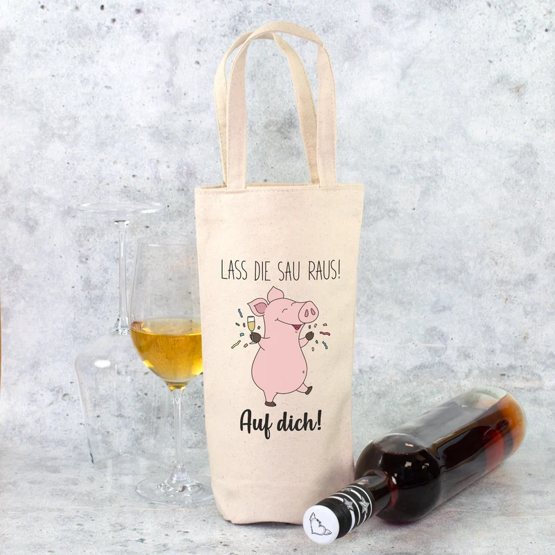 Flaschentasche zum Geburtstag 'Lass die Sau raus!' mit Name personalisiert | Lustige Wein Verpackung