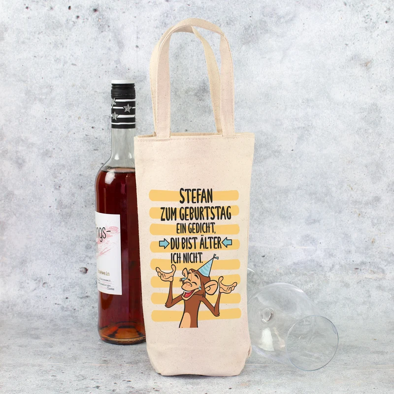 Flaschentasche zum Geburtstag mit Name personalisiert | Witzige Geschenkverpackung mit Äffchen Motiv