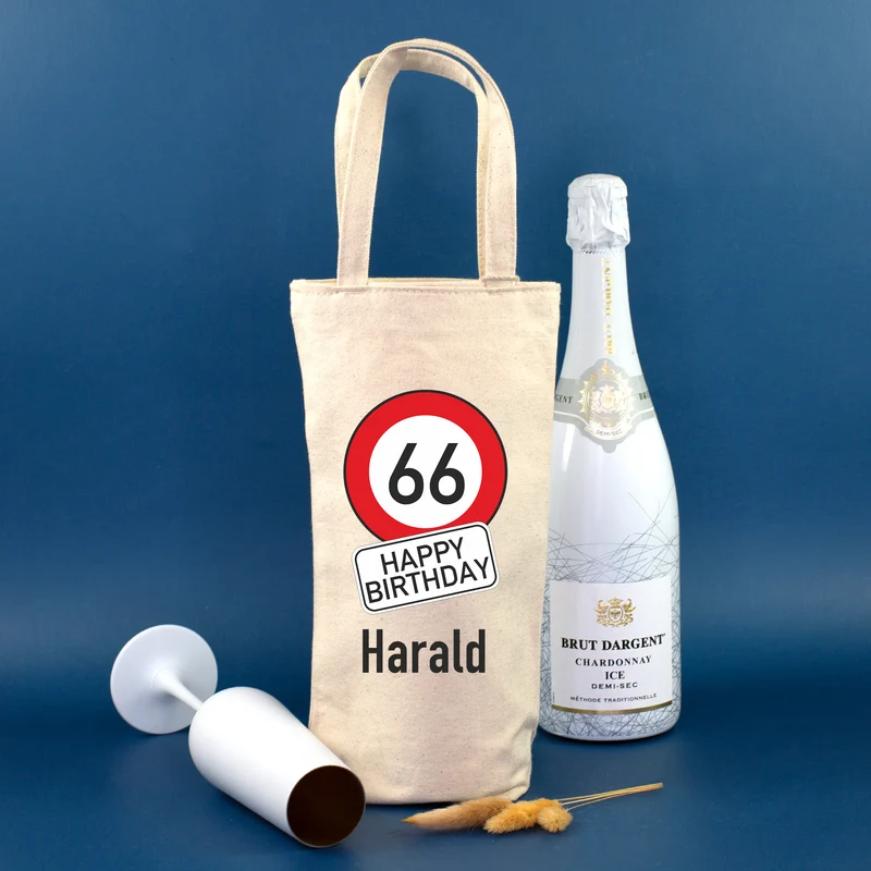 Flaschentasche zum Geburtstag im Verkehrszeichen Look mit Name & Alter personalisiert aus Baumwolle