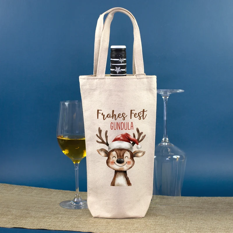 Flaschentasche mit Rentier und Name personalisiert für Wein & Sekt | Geschenkverpackung Weihnachten