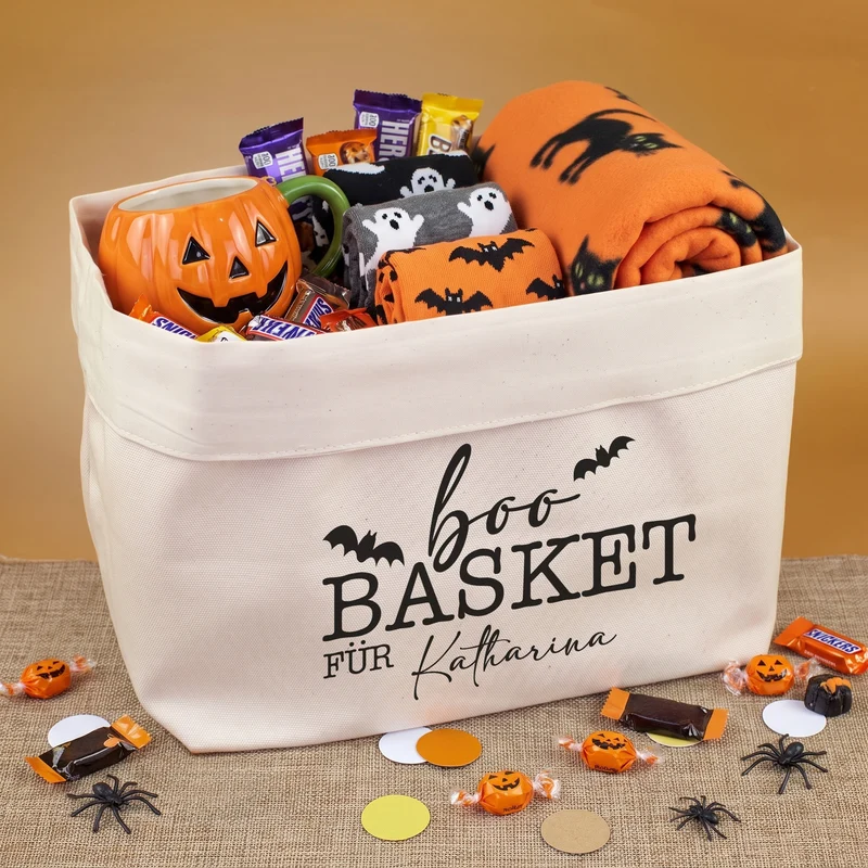 Halloween Korb personalisiert mit Name | Boo Basket aus 100% Baumwolle für Süßes oder Saures