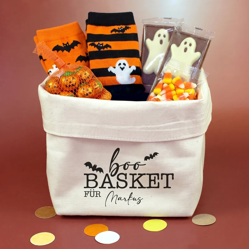 Halloween Korb personalisiert mit Name | Boo Basket aus 100% Baumwolle für Süßes oder Saures