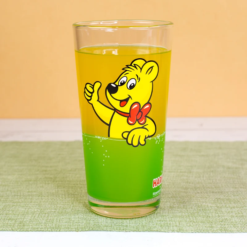 HARIBO Trinkglas Goldbär Motiv | 380 ml Glas in Orange oder Grün für Kinder, Erwachsene & Fans